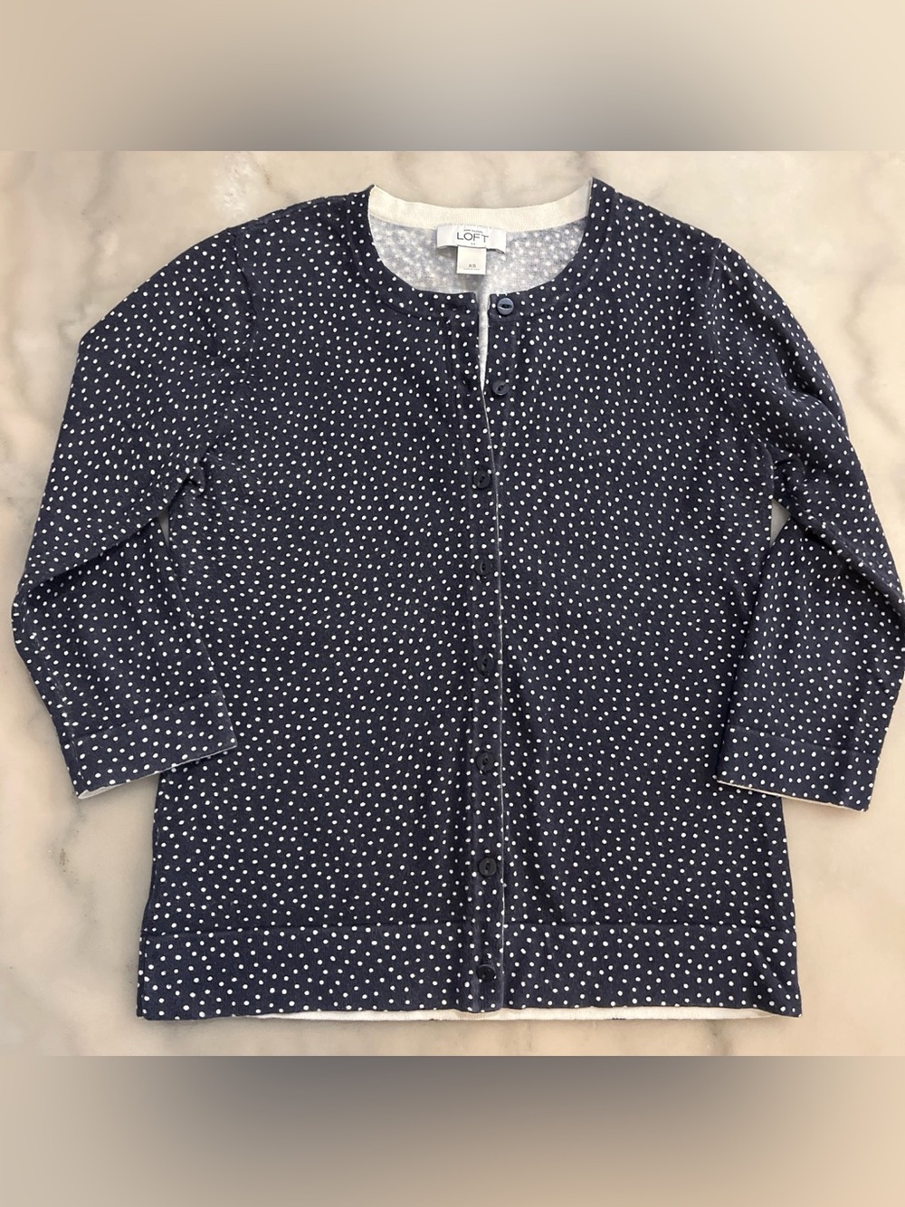 LOFT Navy Polka Dot Button-Down Cardigan - Picture 3 of 6